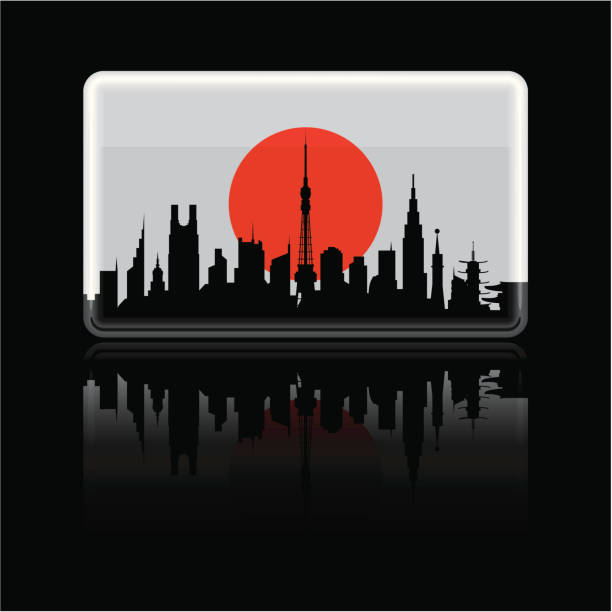 Japanese Flag on Black Japanese flag with Tokyo in front. glossy button flag of japan stock illustrations