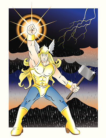 An illustration of The Norse mythological God; Thor, with his Mighty Hammer, summoning a thunderstorm. All elements on separate layers for easy editing. Hi-Res JPEG and CS3 files are included.