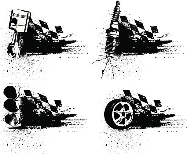 ilustraciones, imágenes clip art, dibujos animados e iconos de stock de carreras emblems grunge - checkered flag flag auto racing starting line