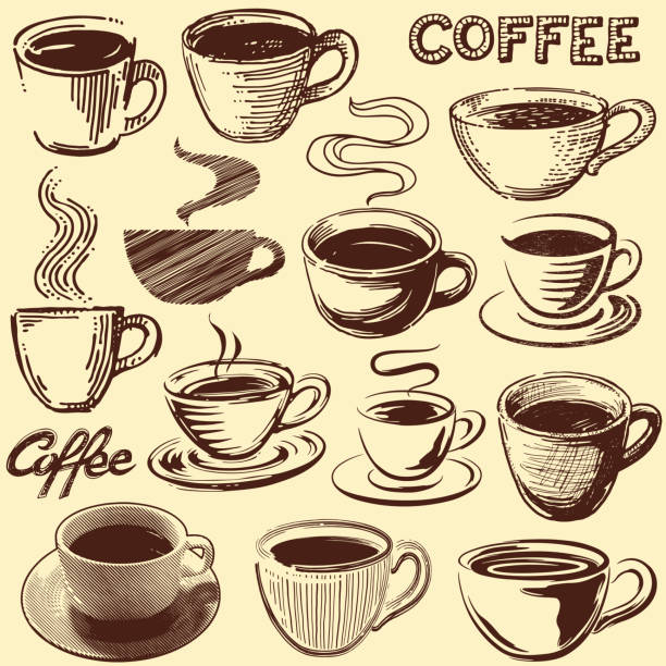 ilustraciones, imágenes clip art, dibujos animados e iconos de stock de vintage café recipientes - coffee coffee cup steam cup