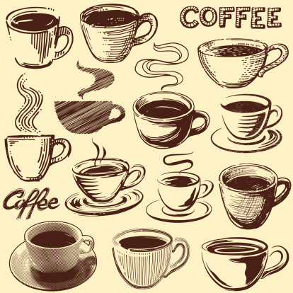 Cute collection of vintage coffee cups and text in various hand drawn and photoreal techniques. Hi res jpeg included. Scroll down to see more illustrations linked below.