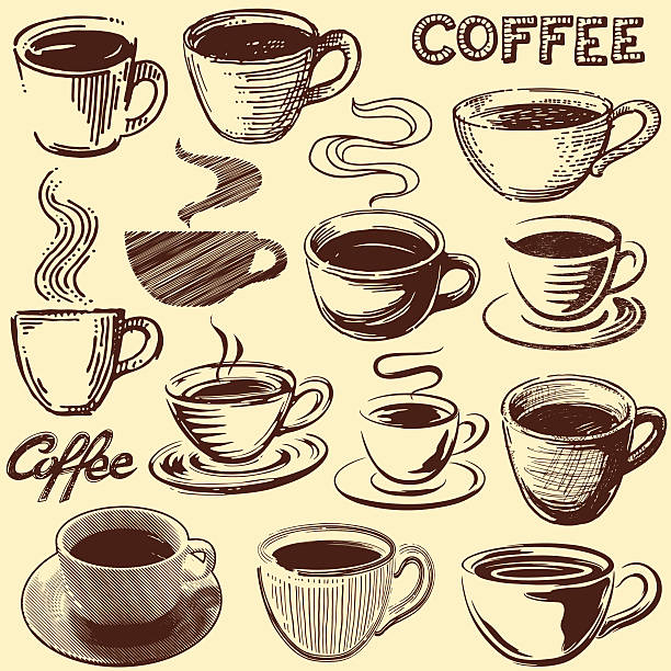 Vintage Coffee Cups Cute collection of vintage coffee cups and text in various hand drawn and photoreal techniques. Hi res jpeg included. Scroll down to see more illustrations linked below. coffee cup illustrations stock illustrations