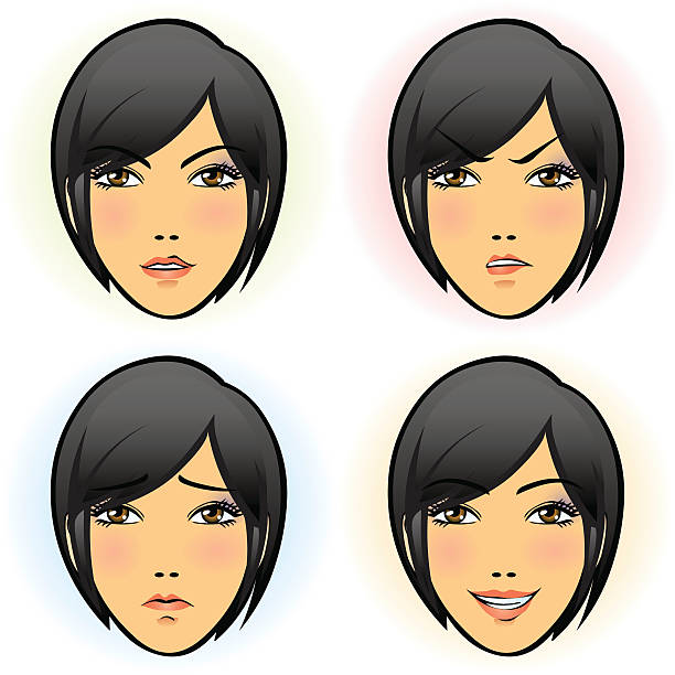illustrations, cliparts, dessins animés et icônes de fille de quatre visage expressif (asiatiques - hairstyle human hair human lips make up