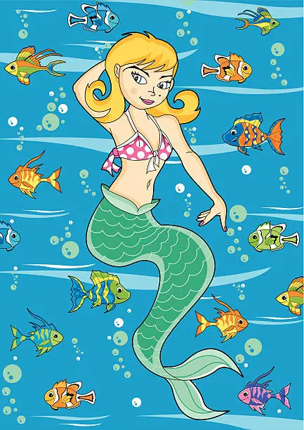 Vector illustration of Cute Mermaid Character with Fish
