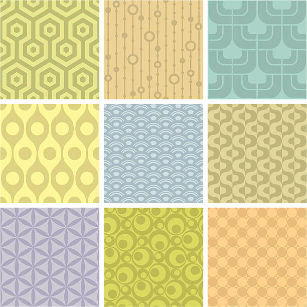 Set of 9 pastel shaded geometric pattern squares Nine retro-inspired backrounds. 70s retro wallpaper stock illustrations