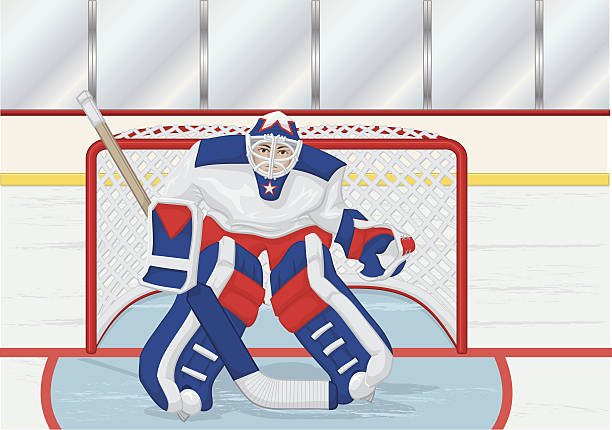 goalie with background illustration of ice hockey goalie, between the pipes, in the crease defending his net. take your best shot. ice hockey net stock illustrations