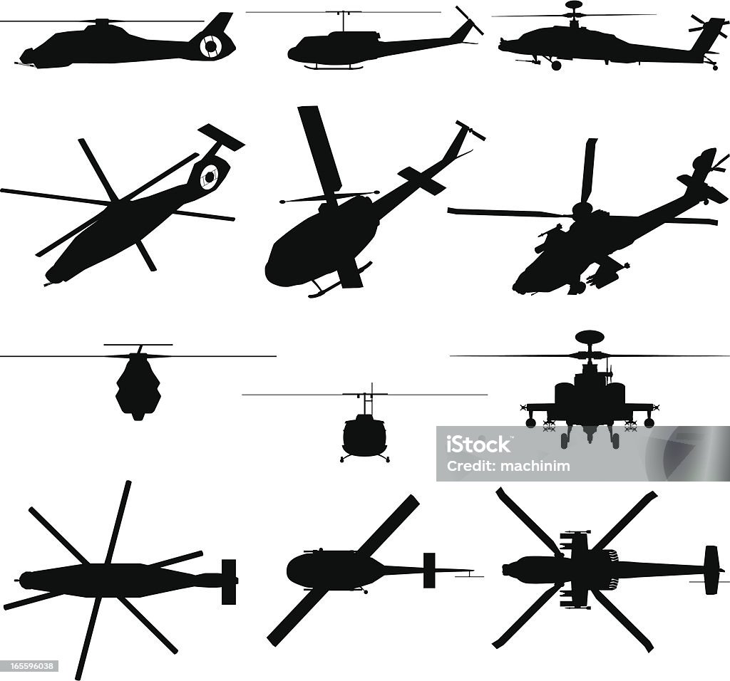 Military Helicopter Silhouette RAH-66 Comanche, Bell UH-1 "Huey" and AH-64 Longbow helicopters illustrated from different angles: side, iso, front and top view. Rotors are sperate objects so that you can rotate them easily. Apache Helicopter stock vector