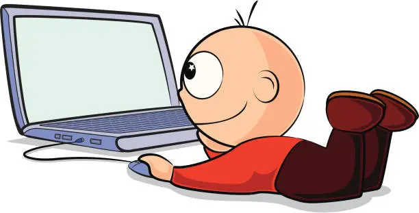 Vector illustration of Little Boy on a laptop