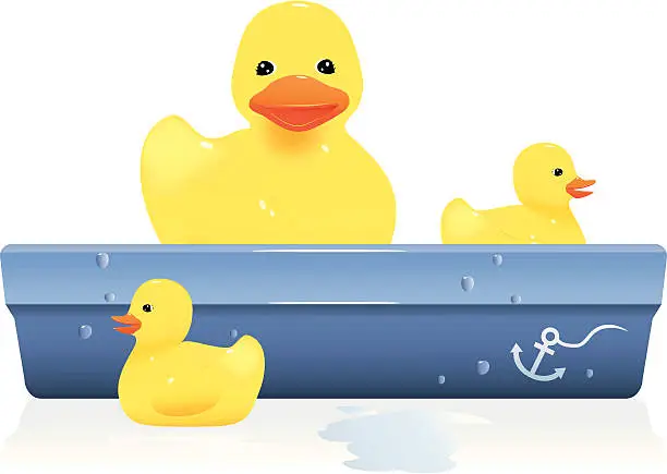 Vector illustration of Rubber Duckies with Play Tub and Water Splashes