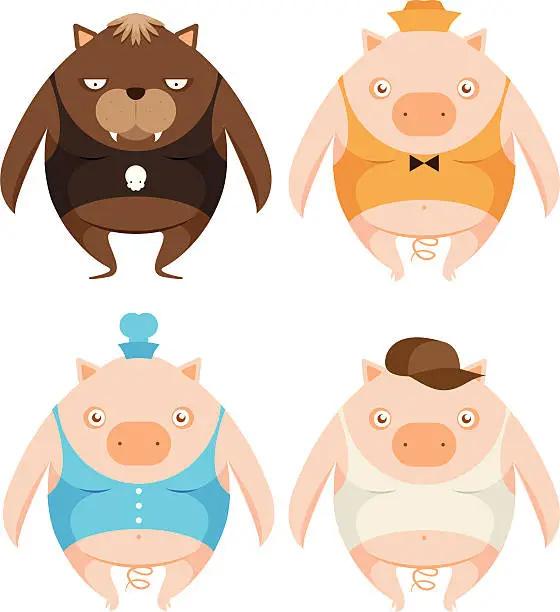 Vector illustration of Three little pigs and big bad wolf