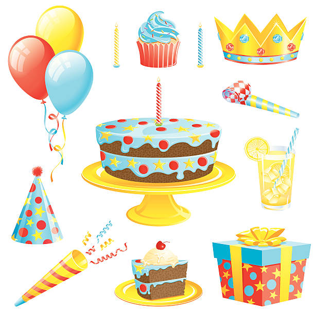 Boys Birthday Set Everything you need for a birthday party. party blower stock illustrations
