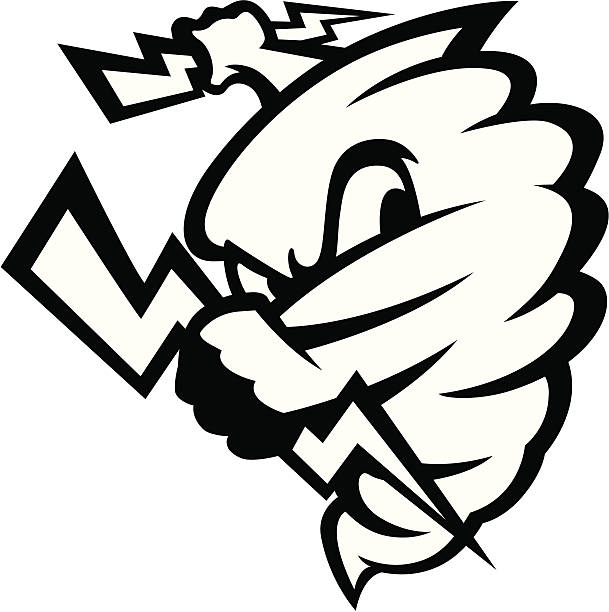 Tornado mascot B&W "Logo style tornado/hurricane mascot holding lightning, black and white version. Great for sports logos & team mascots." angry clouds stock illustrations