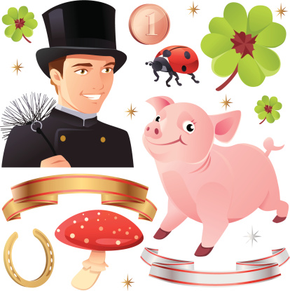 Collection of Good Luck Symbols / Lucky Charms: Chimney Sweep, Clover, Ladybug,Horseshoe,a Lucky Penny,cute Pig, Fly Agaric and two different banner for your message.