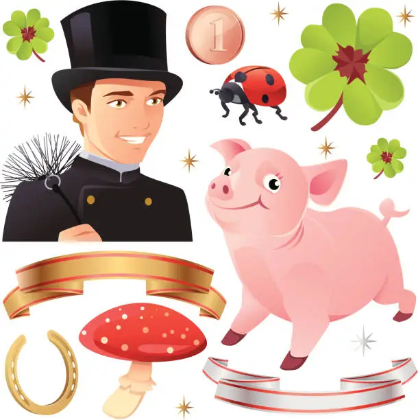 Vector illustration of Good Luck Collection with Pig and Chimney Sweep