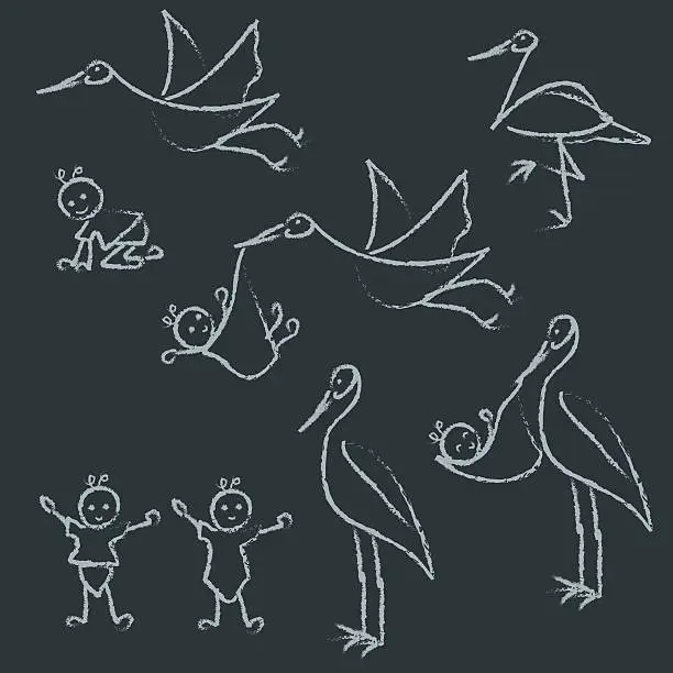 Vector illustration of Chalk drawn baby and stork line doodles.