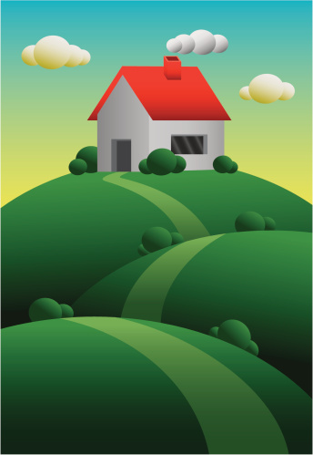 Small house on the hills. Vector illustration.