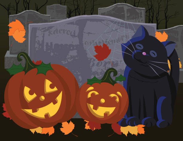 Halloween Scene: Jack O' Lanterns and Kitty vector art illustration