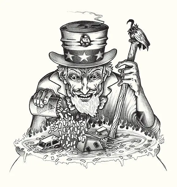 Vector illustration of Uncle Sam Pouring Money into Pot with Housing and Automobiles