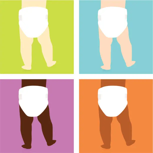 Vector illustration of Pop art style images of baby bottoms with varying skin color