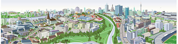Cityscape Illustration "Huge fictional panoramic cityscape illustration with a lot of details. skyscrapers, towers, streets, houses, cars, a stadium, church and much more. High-Resolution JPG is included in the File package." looking at view illustrations stock illustrations