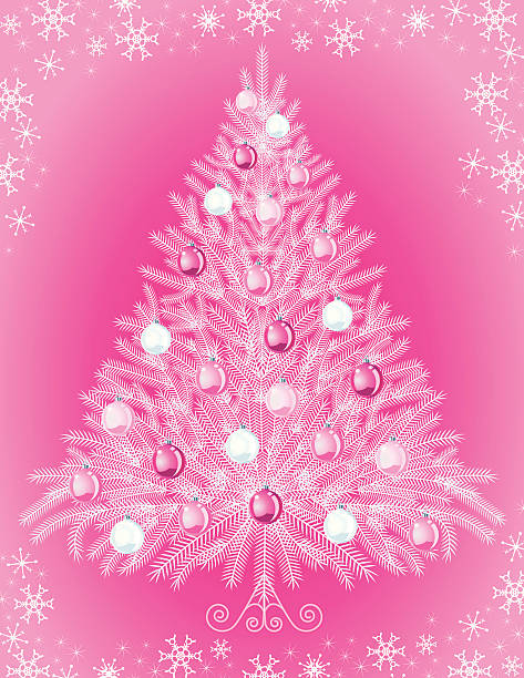 White Christmas Tree White Artificial Christmas Tree on a Pink Background. pink christmas tree stock illustrations