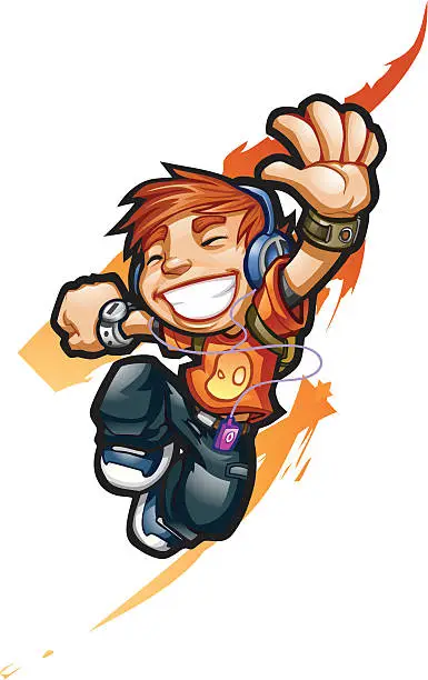 Vector illustration of Animated boy jamming out with headphones symbolizing freedom