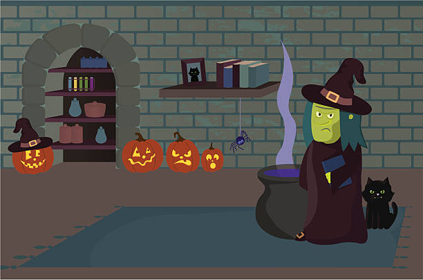 Witch at Home in Dungeon with Cat vector art illustration