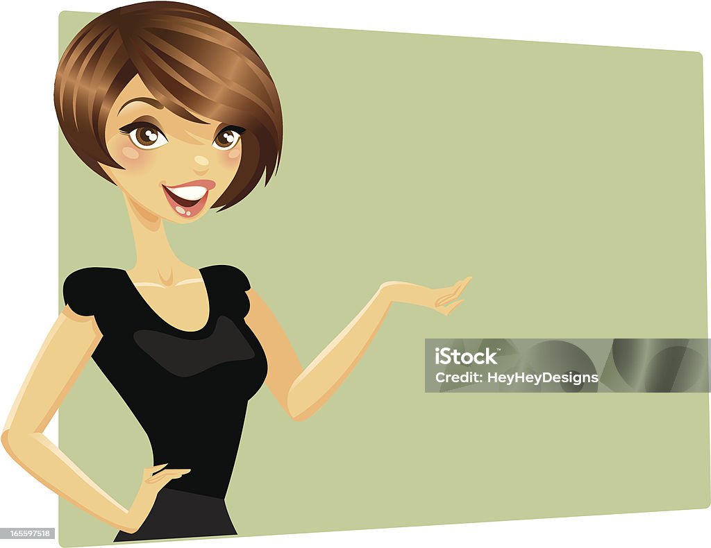 An artwork of a woman gesturing to a sign behind her A woman gesturing to something. Easy to place objects in her hand with Adobe Illustrator. Adult stock vector