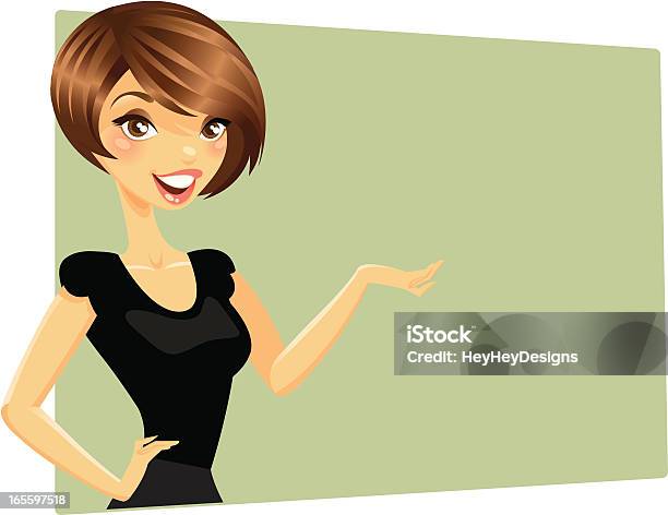 An Artwork Of A Woman Gesturing To A Sign Behind Her Stock Illustration - Download Image Now