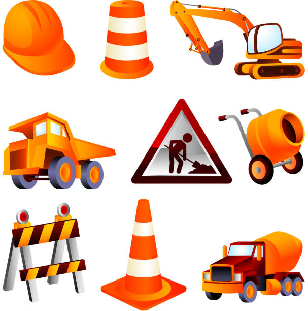 ilustraciones, imágenes clip art, dibujos animados e iconos de stock de casco de construcción equipo de cono de advertencia signo de cilindro de levantamiento de camión de cemento - bulldozer dozer construction equipment construction machinery