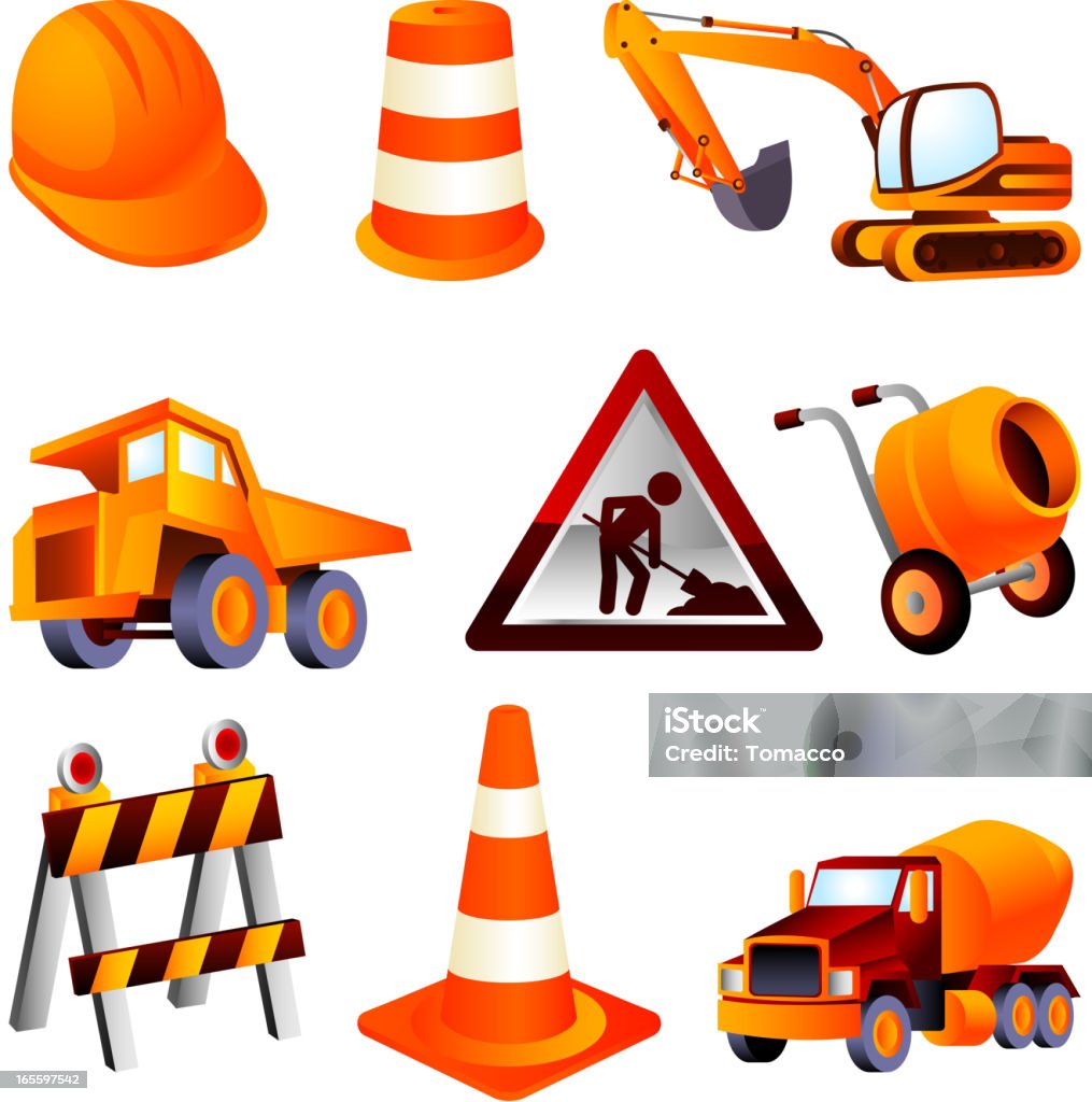 Шлем и строительное оборудование конуса работа грузовик Предупреждающий знак Баррель Цемент - Векторная графика Работать роялти-фри