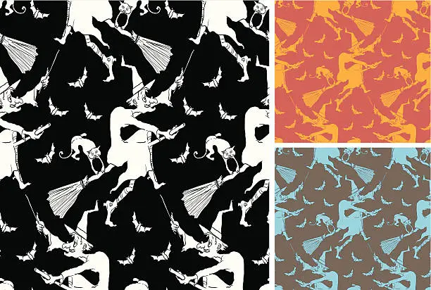 Vector illustration of Witch cartoon three seamless patterns - Halloween