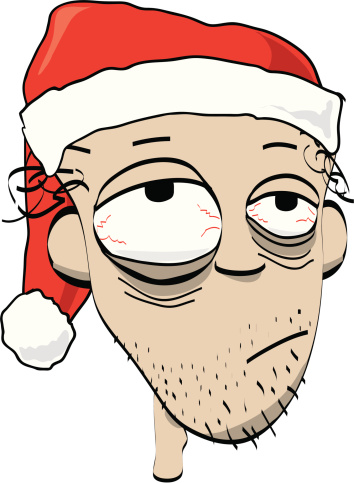 An illustration of an exhausted partied out man in a Santa hat.