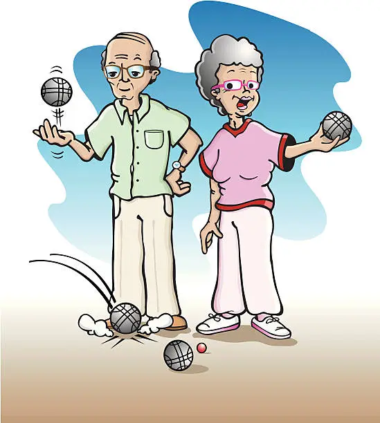 Vector illustration of Old couple playing bowls (pétanque)