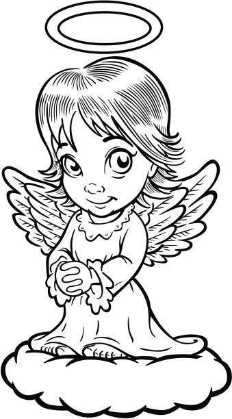 ilustrações, clipart, desenhos animados e ícones de livro de colorir angel - spirituality smiling black and white line art