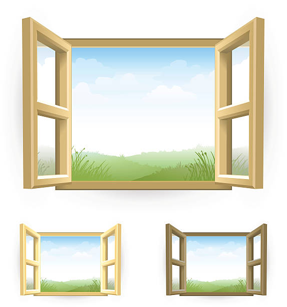 illustrazioni stock, clip art, cartoni animati e icone di tendenza di finestra aperta con scenario - white background brown wood old fashioned