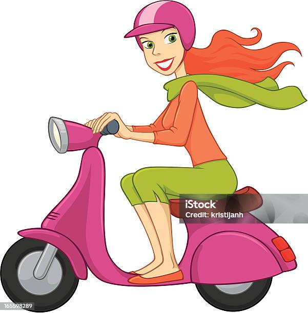 Ilustración de Mujer Joven Impulsa Un Scooter y más Vectores Libres de Derechos de Accesorio de cabeza - Accesorio de cabeza, Adulto, Adulto joven