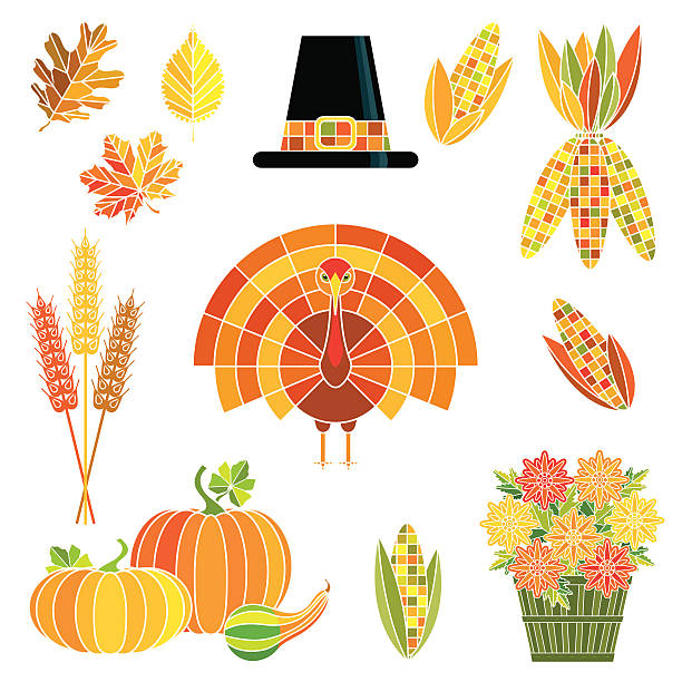 ilustrações, clipart, desenhos animados e ícones de harvest conjunto de dia de ação de graças - indian corn