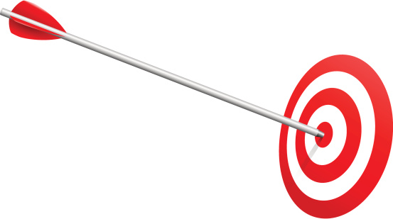 Realistic vector illustration of an arrow on the bulls-eye. Since it's a vector you can reposition and rotate the arrow and the target independently.