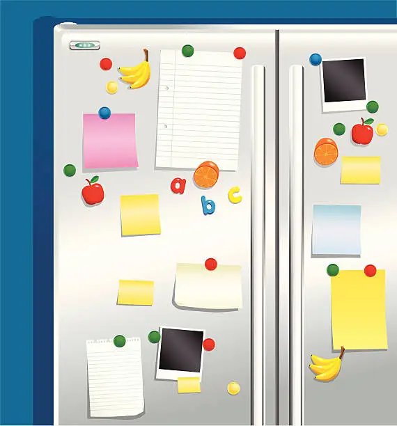 Vector illustration of Fridge door with magnets and notepaper