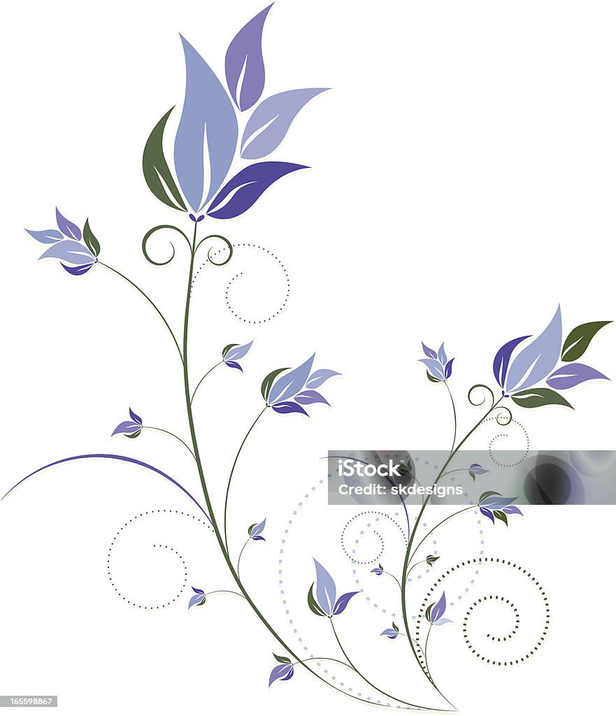 Frondoso trazos, espirales elemento de diseño con flores de azul - arte vectorial de Azul libre de derechos