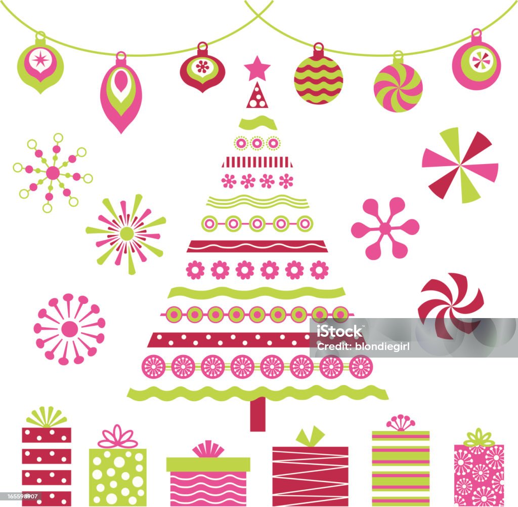 Retro Pink Christmas Tree and Design Elements Fun Christmas design elements Box - Container stock vector Retro Pink Christmas Tree and Design Elements Fun Christmas design elements Box - Container stock vector
