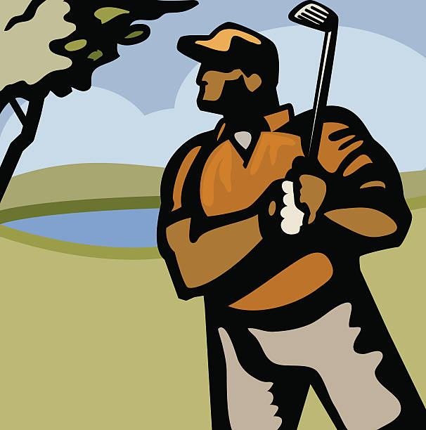 A golfer follows his shot in the air. XXL JPEG, AI 8 and AI CS3 included. Elements are layered and labeled.