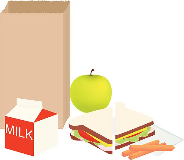 Vector illustration of Cartoon school lunch outside of a brown paper bag
