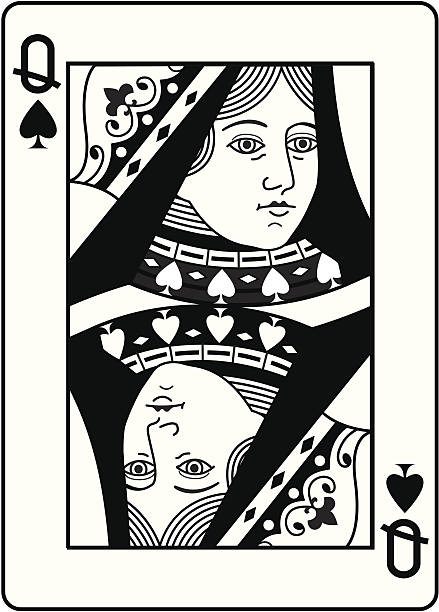 Queen of Spades black and white head. vector art illustration