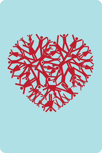 Connected group of people forming a heart shape. Male and female symbol look like blood vessels.