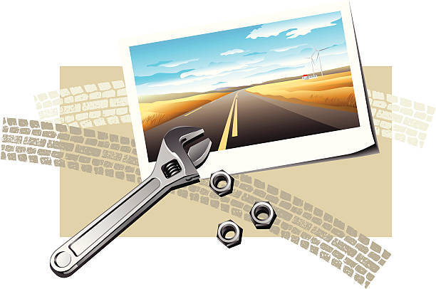 Highway and repair Illustration with the picture of highway and tool for repair of car wrench photos stock illustrations