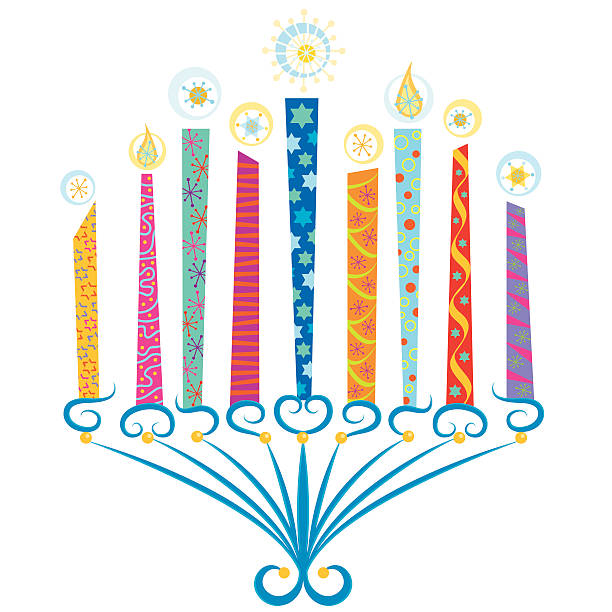 ilustraciones, imágenes clip art, dibujos animados e iconos de stock de colorido menorá - hanukkah menorah candle blue