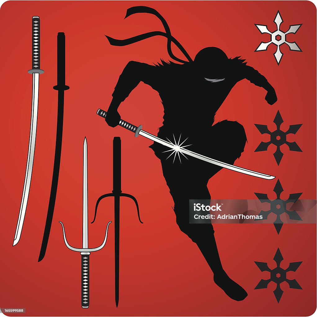 Ninja weapons Ninja action battle pack. An attacking ninja with katana sword, sai and ninja star shurikens. Ninja stock vector