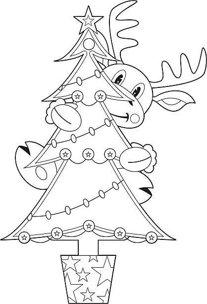 Vector illustration of Colour In Reindeer & Christmas Tree